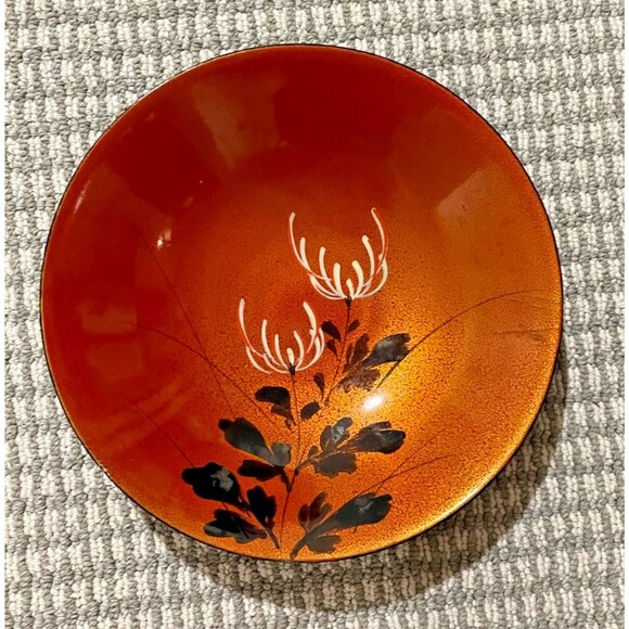 2 Vintage Japanese Orange Lacquer Ware Bowls 9" Shikki Sweets Bowl Hand Painted - Picture 2 of 7